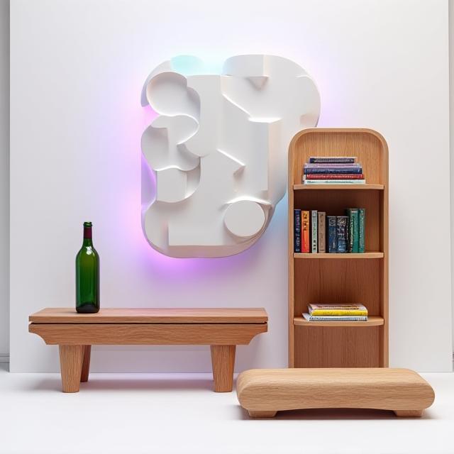 Collage de accesorios de madera: botellero, estantería y soporte para instrumentos