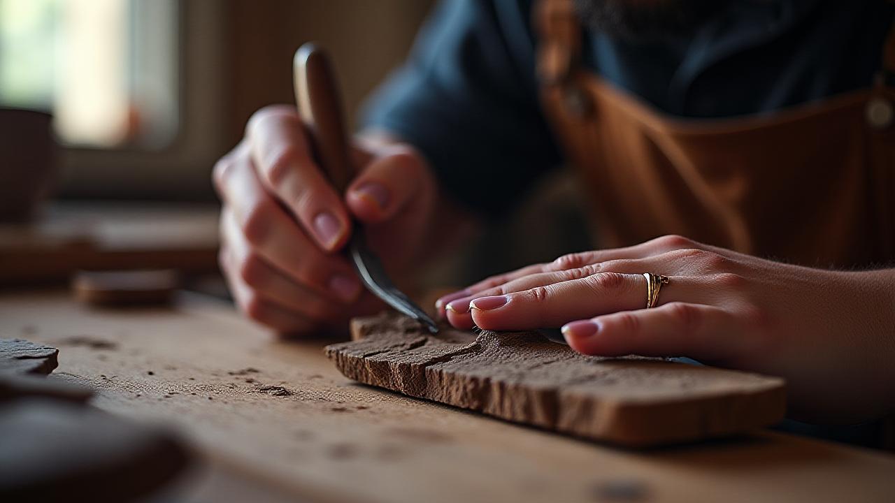 Manos expertas trabajando en un detalle de madera tallada